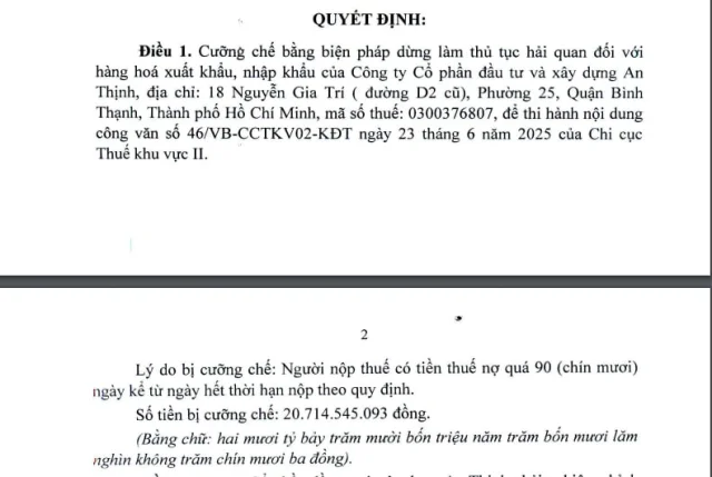 Quyết định cưỡng chế thuế đối với C&ocirc;ng ty cổ phần Đầu tư v&agrave; x&acirc;y dựng An Thịnh.