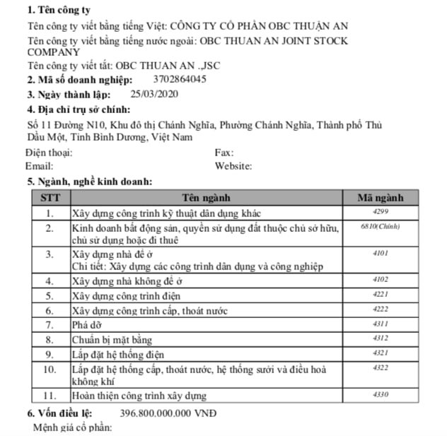 C&ocirc;ng ty cổ phần OBC Thuận An c&oacute; vốn điều lệ&nbsp;396,8 tỷ đồng.