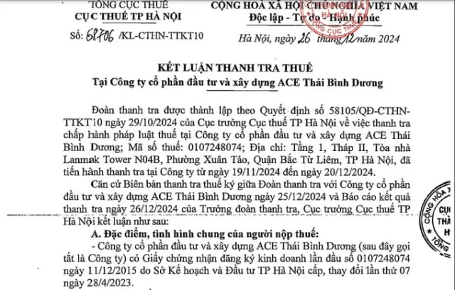 Kết luận thanh tra thuế về C&ocirc;ng ty Cổ phần Đầu tư v&agrave; X&acirc;y dựng ACE Th&aacute;i B&igrave;nh Dương. &nbsp;