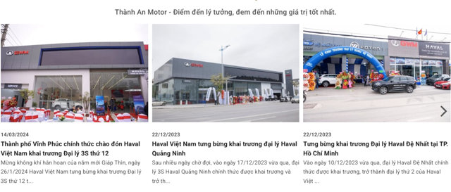 C&ocirc;ng ty cổ phần Tập đo&agrave;n Th&agrave;nh An (Th&agrave;nh An Group) hiện l&agrave; nh&agrave; ph&acirc;n phối ch&iacute;nh thức c&aacute;c d&ograve;ng xe Trung Quốc Haval v&agrave; GWM (Great Wall Motor) tại Việt Nam.&nbsp;