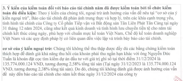 Trong b&aacute;o c&aacute;o t&agrave;i ch&iacute;nh năm 2024 đ&atilde; kiểm to&aacute;n, kiểm to&aacute;n vi&ecirc;n đ&atilde; đưa ra &yacute; kiến ngoại trừ &nbsp;