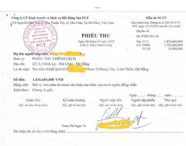 Phiếu thu tiền ch&ecirc;nh lệch của một kh&aacute;ch h&agrave;ng mua đất dự &aacute;n New Danang City