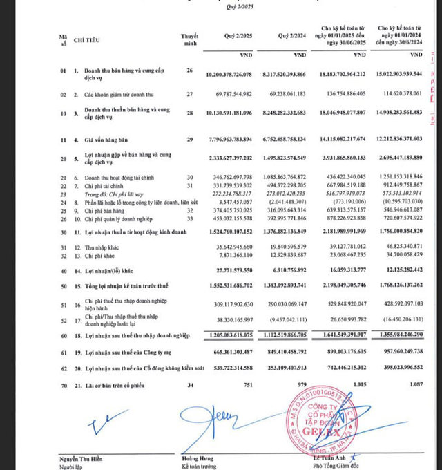 Trong qu&yacute; II, GELEX ghi nhận mức lợi nhuận trước thuế tăng 12,3% so với c&ugrave;ng kỳ năm 2024. Theo BCTC GELEX