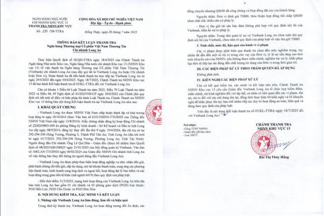 Kết luận thanh tra tại Ngân hàng Thương mại Cổ phần Việt Nam Thương Tín – Chi nhánh Long An.  
