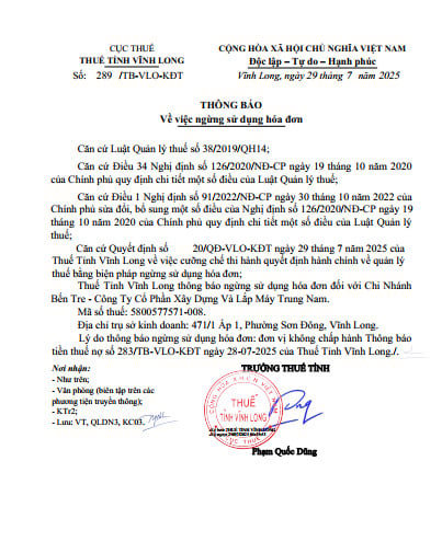 Chi nh&aacute;nh Bến Tre của C&ocirc;ng ty Cổ phần X&acirc;y dựng v&agrave; Lắp m&aacute;y Trung Nam (Trungnam E&amp;C) vừa bị Thuế tỉnh Vĩnh Long ban h&agrave;nh quyết định cưỡng chế thuế bằng biện ph&aacute;p ngừng sử dụng h&oacute;a đơn do nợ thuế qu&aacute; hạn hơn 90 ng&agrave;y, với tổng số tiền hơn 847 triệu đồng.