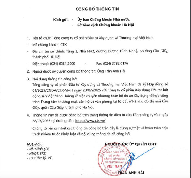 Theo công bố thông tin từ CTX Holdings, chủ mới của dự án là Công ty cổ phần Xây dựng Đầu tư bất động sản Việt Minh Hoàng.  