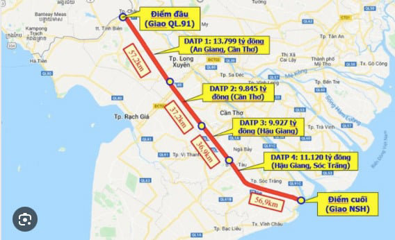 Cao tốc Ch&acirc;u Đốc - Cần Thơ - S&oacute;c Trăng đi theo hướng trục ngang của v&ugrave;ng Đồng bằng s&ocirc;ng Cửu Long, khi ho&agrave;n th&agrave;nh sẽ r&uacute;t ngắn được thời gian di chuyển từ An Giang đến TPHCM.
