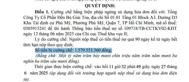 Quyết định cưỡng chế ngừng sử dụng h&oacute;a đơn đối với Tổng C&ocirc;ng ty cổ phần Đền b&ugrave; Giải toả. &nbsp;