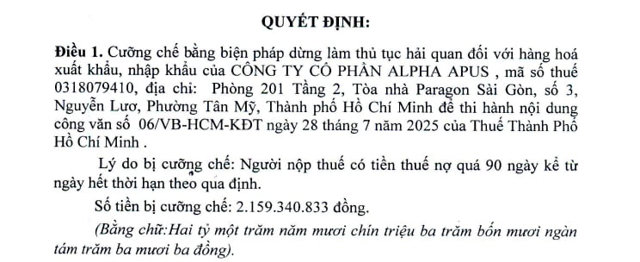 Quyết định của cơ quan thuế đối với&nbsp;C&ocirc;ng ty cổ phần Alpha Apus.