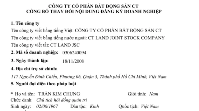 C&ocirc;ng ty TNHH Bất động sản CT được th&agrave;nh lập v&agrave;o ng&agrave;y 18/11/2008.