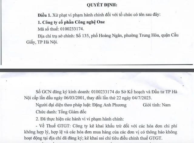 Quyết định xử phạt đối với&nbsp;C&ocirc;ng ty cổ phần C&ocirc;ng nghệ ONE. &nbsp;