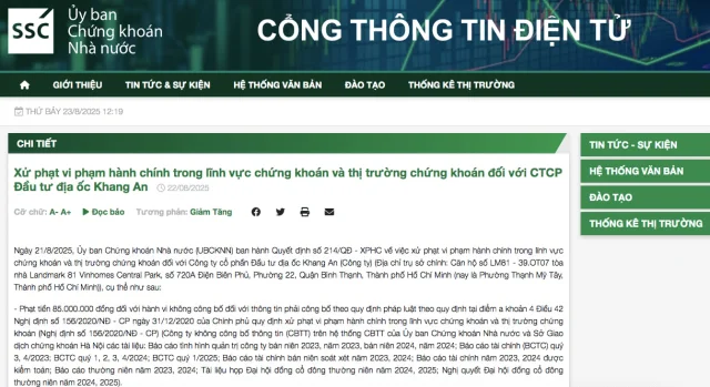 Quyết định xử phạt&nbsp;đối với C&ocirc;ng ty cổ phần Đầu tư địa ốc Khang An. Ảnh chụp m&agrave;n h&igrave;nh. &nbsp;