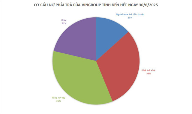 Nợ vay chỉ chiếm khoảng 35% nợ phải trả của Vingroup. Nguồn số liệu: B&aacute;o c&aacute;o t&agrave;i ch&iacute;nh hợp nhất so&aacute;t x&eacute;t 6 th&aacute;ng đầu năm 2025 của Vingroup &nbsp;