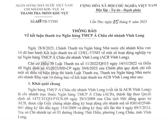 Thanh tra phát hiện tồn tại công tác thẩm định, vay vốn; nợ xấu tại ACB Vĩnh Long - Ảnh 1