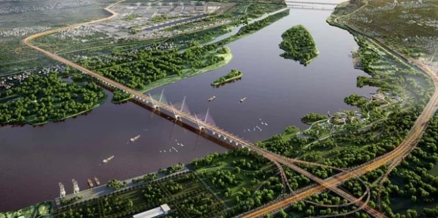 Phối cảnh cầu Thượng C&aacute;t qua s&ocirc;ng Hồng nối quận Bắc Từ Li&ecirc;m v&agrave; huyện Đ&ocirc;ng Anh (H&agrave; Nội). Ảnh: Đơn vị thiết kế &nbsp;