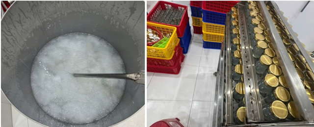 Yến giả được c&aacute;c đối tượng "nghi&ecirc;n cứu" trước khi đ&oacute;ng lọ. &nbsp;