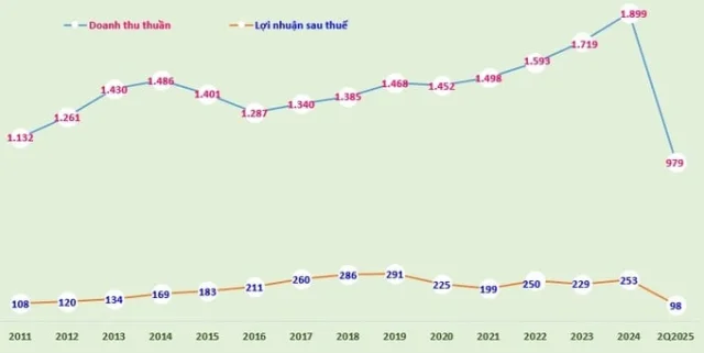 Biểu đồ: Doanh thu thuần v&agrave; lợi nhuận sau thuế của Domesco giai đoạn 2021-2024 v&agrave; 6 th&aacute;ng đầu năm 2025 (đvt: tỷ đồng).