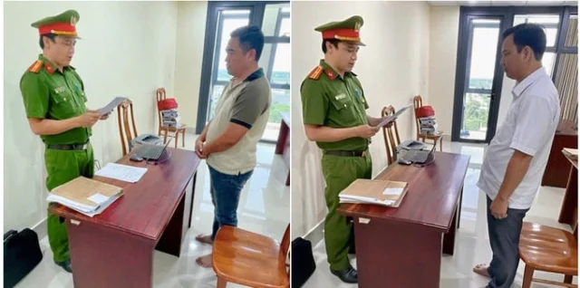 Cơ quan CSĐT C&ocirc;ng an tỉnh An Giang tống đạt c&aacute;c Quyết định khởi tố đối với bị can Huỳnh Hữu Thuận (ảnh tr&aacute;i) v&agrave; bị can Nguyễn Vương Ho&agrave;i (ảnh phải). Ảnh: CAAG.