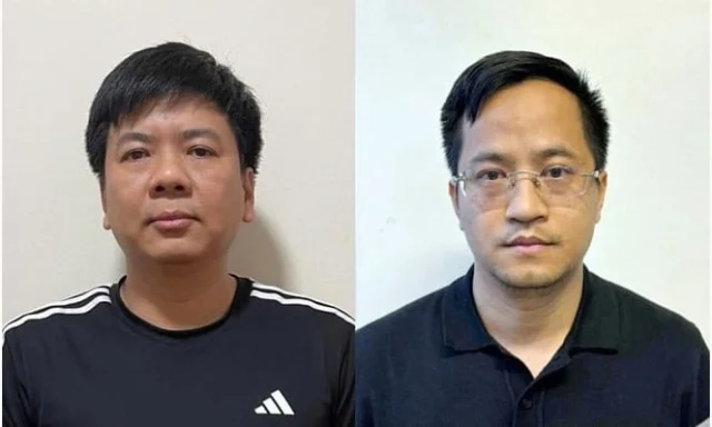 Hai bị can Nguyễn Ngọc Thủy (b&ecirc;n tr&aacute;i) v&agrave; Đặng Văn Hiển trong vụ &aacute;n.