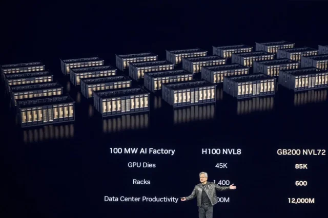 CEO Nvidia, Jensen Huang, ph&aacute;t biểu tại Nvidia GTC v&agrave;o ng&agrave;y 18/3/2025 tại San Jose, California. (Ảnh: Nic Coury/AP)